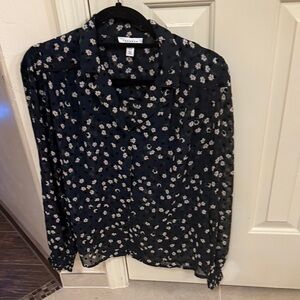 Topshop Navy Floral Blouse long sleeve, button down.